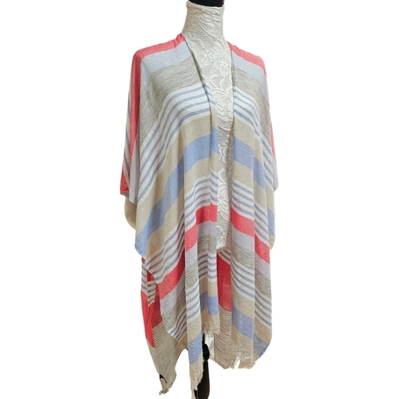 By Anthropologie Kimono Boho Striped Open Front Cotton Fringe Hem Beachy Poncho - Picture 3 of 11